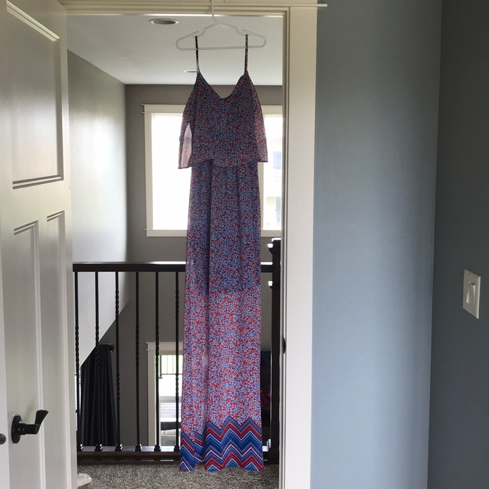 Skinny Strap Floral Red Navy Maxi Dress GB